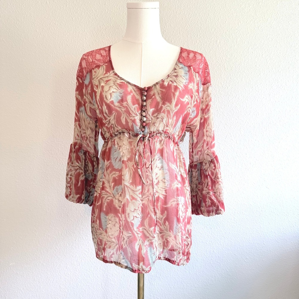 BCBGMAXAZRIA Red Floral Sheer Boho Babydoll Top Bell Sleeve Lace Festival Small
